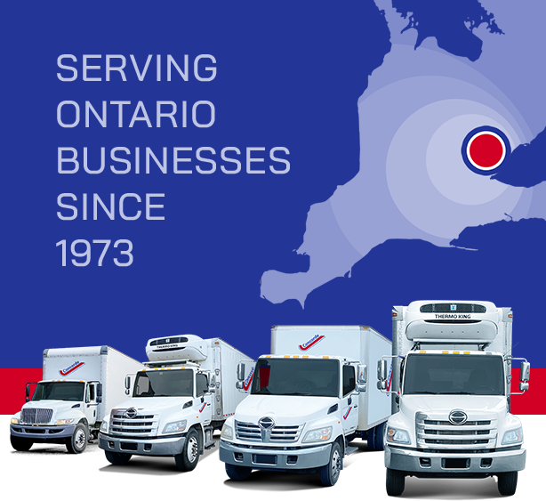 Outline of Southwestern Ontario map with Concorde city truck, reefer, straight truck and other reefer in front